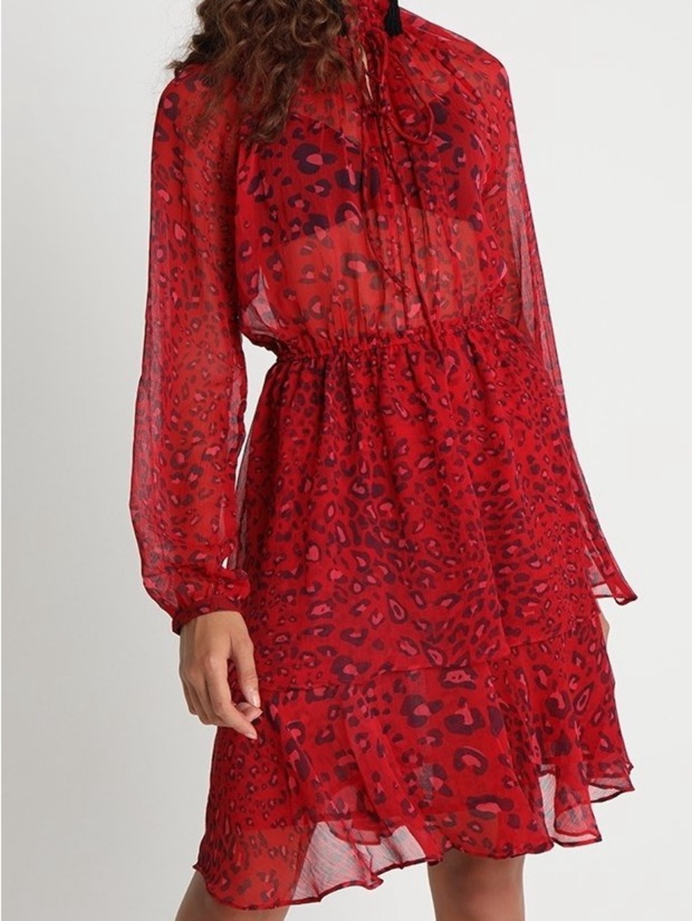 NA-KD Red Sheer Animal Print Ruffle Layered Long Sleeve Midi Dress Medium